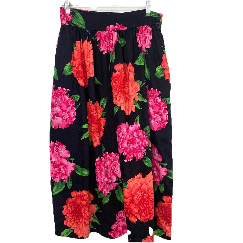 Vintage 90s Colorful Maxi Skirt Black Big Floral Dalia Print Pockets Cotton 14